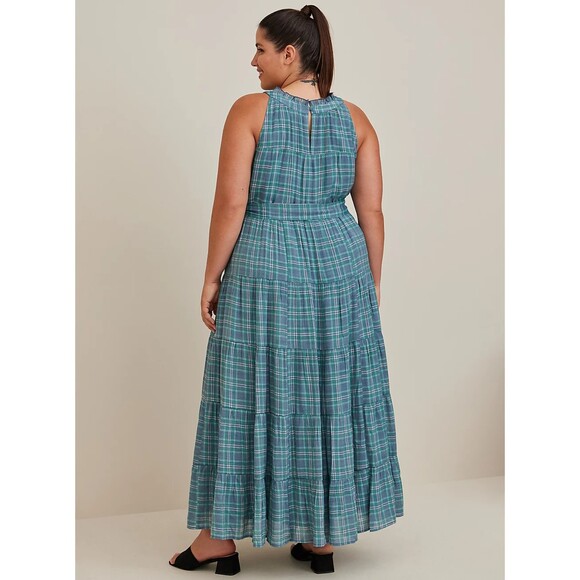 NWT Torrid 1X Blue Plaid Sleeveless Maxi Lindsay Hi-Low Tiered Dress Size 14-16 - Picture 3 of 8